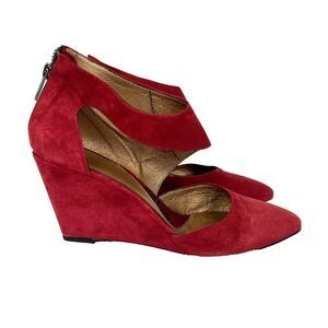 Pied Juste Anthropologie Pointed Cutout Wedges Red Suede Heels Art to Wear 38